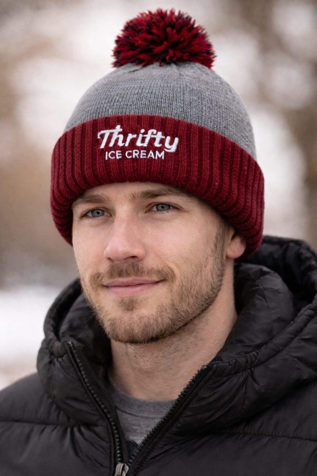 Thrifty Scarlet Heather Gray Pom Beanie
