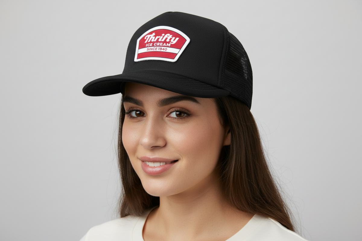 Thrifty Black Logo Trucker Hat